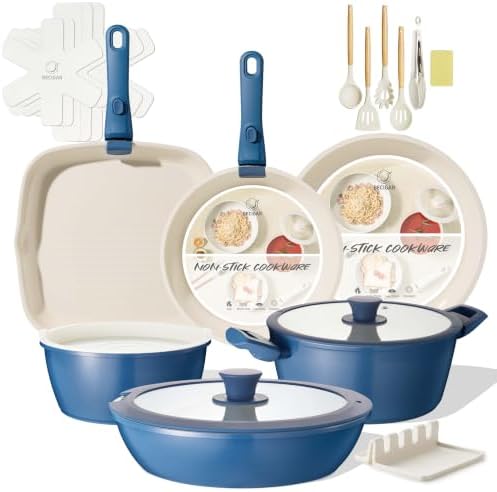 BECIGAR 23pcs Ceramic Pots and Pans Set, Nonstick Detachable Handle Cookware, Induction Kitchen Cooking Set, Include Frying Pans & Saucepans Oven Safe(Blue) by BecigarCookware