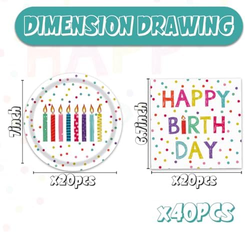 Egami 40pcs Happy Birthday Party Supplies,include 20 Dessert plate and 20 Napkin,with Birthday Dots Design Party Plate Napkin Set,Used for Happy Birthday Dots Party Decoration - Image 2
