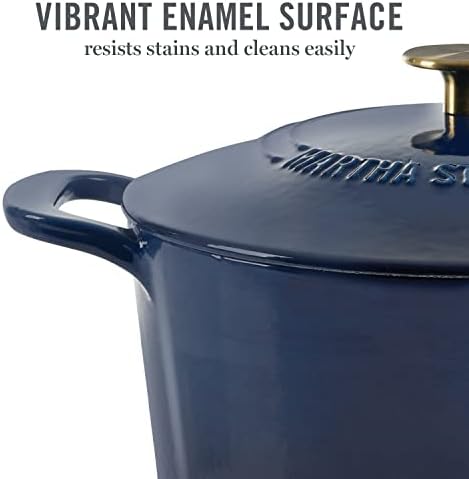 MARTHA STEWART Gatwick 7-Quart Enamel Cast Iron Dutch Oven Pot with Lid – Navy Blue with Gold Knob – Durable Heavy-Duty Dutch Oven for Slow Cooking & Braising - Image 3