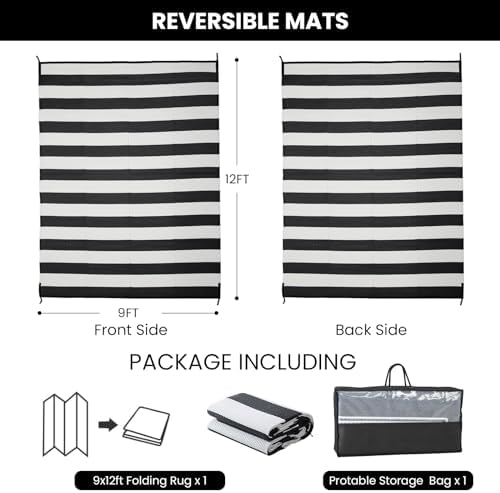 Outdoor Rug 9 x12 ft, Plastic Rug for Patio, Black & White - Image 2