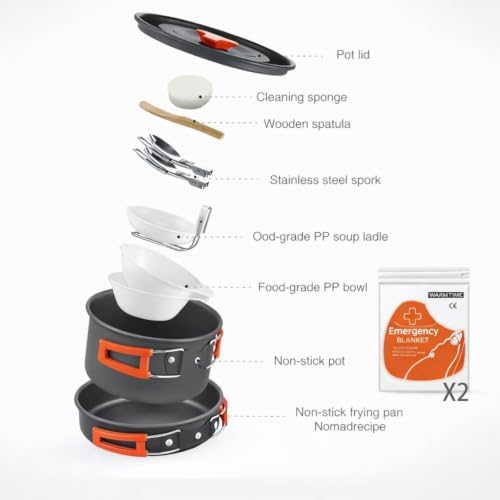 12-Piece Lightweight Camping Cookware Set – Nonstick Pot, Pan & Utensils for Backpacking & Hiking – Portable Mess Kit for 1–2 People, Bonus 2 Emergency Blankets - Image 4
