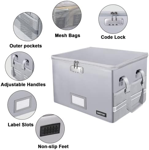 ENGPOW File Box with Lock, Fireproof Document Box with Pockets, Collapsible File Organizer Filing Storage Cabinet with Handle, Portable Home Office Safe for Hanging Letter/Legal Folders,Silver,2 Pack - Image 4
