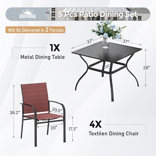 SUNSHINE VALLEY 5pc Patio Dining Set, 37" Square Table & 4 Red Chairs - Image 4