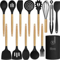 oannao Silicone Cooking Utensils Set Utensil Sets - 446°F Heat Resistant Silicone Kitchen Utensils Set Wooden Handles, Silicone Utensils for Cooking w Holder for Non-Stick Cookware BPA FREE (Black) by oannao