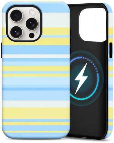 for iPhone 15 Pro Max Case, Magnetic Matte Frosted Dual-Layer Striped Phone Case for Women, Retro Aesthetic Cover Compatible with MagSafe Accessories - Sea Salt Lemon by YKCZL