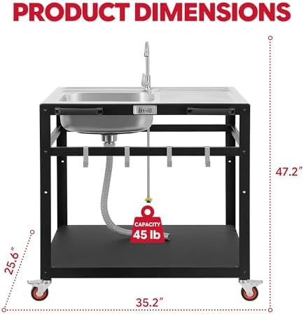 Feasto 35" Movable Outdoor Grill Cart with Stainless Steel Sink & Faucet - Image 2