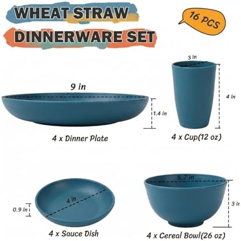 16 PCS Wheat Straw Plates and Bowls Sets,Kids Dishes Dinnerware Sets for 4,Unbreakable Kitchen Plates and Bowls Set for Travel Dishwasher & Microwave Safe Lightweight Dishes Set - DeepBlue - Image 3