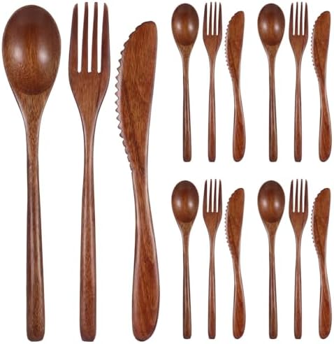 24 Pcs Wooden Utensils for Eating - Wooden Spoon Fork Knife Cutlery Set Reusable Wood Flatware Dinner Tableware Set for Daily Meals, Travel, Camping, Picnic by Unknown