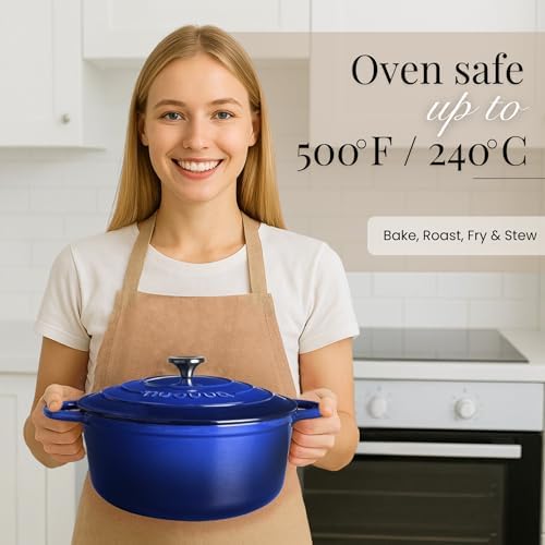 Nuovva Enamelled Cast Iron Dutch Oven Pot with Lid-6.4 Quart Non Stick Casserole Pot-Heavy Duty & Oven Safe up to 500° F for Bread Baking, Braising, Stews, Roasting - 28cm Dark Blue - Image 6