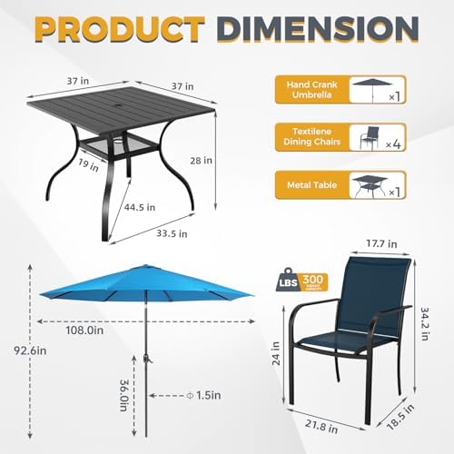 Incbruce 6 Pieces Paito Dining Set with Sky Blue Umbrella, Outdoor Metal Dining Set of 4 Textilene Chairs and Square Table with Umbrella Hole for Garden, Porch and Backyard (Blue) - Image 5