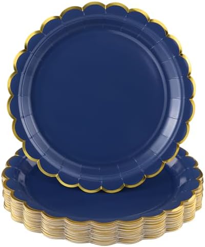 NatNarr 30 Pk Navy Blue Paper Plates 9" Scalloped Blue Gold Party Plates by NatNarr