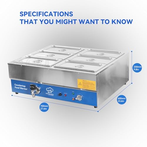 TOPKITCH ETL Listed 6 Pan Commercial Food Warmer, Electric Bain Marie Countertop Stainless Steel Buffet Steam Table for Catering and Restaurants(6×1/3 GN Pan,120V/1700W) - Image 6
