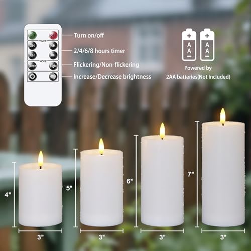 Yeelida Outdoor 4pcs Flameless Waterproof Candles with Handy Remote Control, Cycle Timer Battery Operated Candle Grease Effect LED Flickering Pillar Plastic Long Lasting (White, 3" x4" 5" 6" 7") - Image 3