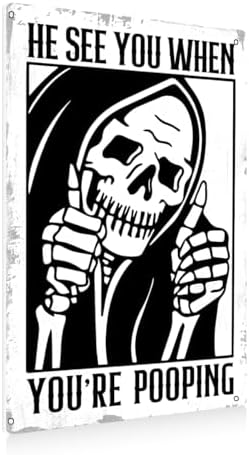 BEASTZHENG Funny Gothic Bathroom Home Decor Metal Tin Sign: Funny "He Sees You When You Are Pooping?" Bathroom Wall Art Decor for Bathroom Skull Lovers 8 X 12 Inches by BEASTZHENG