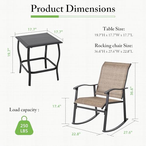Shintenchi Rocking Chair Outdoor with Table, 3 Piece Rocking Patio Bistro Set, Outdoor Furniture Set with Metal Frame and Textilene Fabric for Small Space, Brown - Image 6