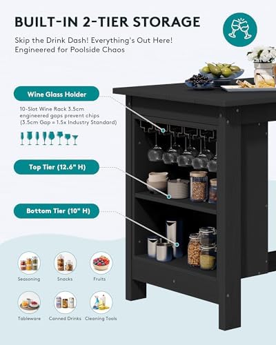 SERWALL Outdoor HDPE Counter-Height Bar Table with Storage Rack, Black - Image 4