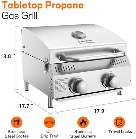 Veralune 2-Burner Tabletop Gas Grill, 22000 BTU Stainless Steel Grill - Image 2