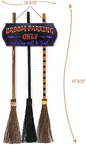 Halloween Decorations - Broom Parking Sign with 3 Wooden Witches Brooms - Image 4