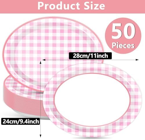 50 PCS Pink Plaid Oval Paper Plates Large 11” Disposable Pink and White Checkered Party Decorations Camp Oval Supplies Favor for BBQ Gathering Picnic Birthday Outdoor Girls Party Tableware Set - Image 2