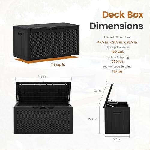 Greesum 100 Gallon Resin Patio Storage Box for Garden Tools, Black - Image 6