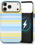 for iPhone 18 Pro Max Case, Magnetic Matte Frosted Dual-Layer Striped Phone Case for Women, Retro Aesthetic Cover Compatible with MagSafe Accessories - Sea Salt Lemon by YKCZL