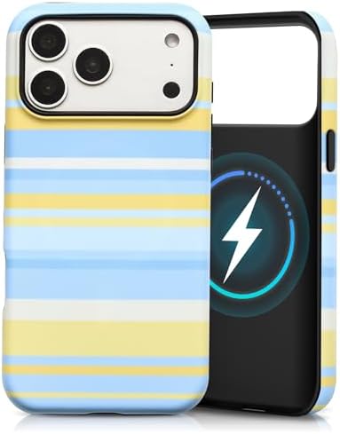 for iPhone 17 Pro Case, Magnetic Matte Frosted Dual-Layer Striped Phone Case for Women, Retro Aesthetic Cover Compatible with Mag Safe Accessories - Sea Salt Lemon by YKCZL