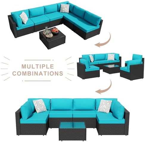 JAMFLY 7-Piece Outdoor Patio Furniture Set, Modular PE Rattan Sectional Sofa with Thick Cushions & Glass Coffee Table, Weather-Resistant Wicker Conversation Set for Poolside, Balcony, Garden, Blue - Image 6