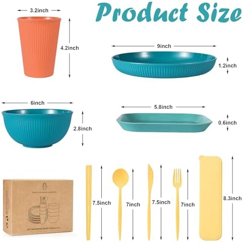 36PCS Wheat Straw Dinnerware Sets - Reusable Plates and Bowls Sets, Unbreakable Cups, Knives, Forks, Spoons & Chopstick, Microwave, Dishwasher Safe Tableware Kitchen Outdoor Camping Presents - Image 3
