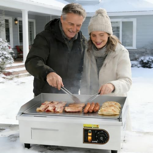 Garvee 14in Commercial Electric Griddle, 1700W Countertop Flat Top Grill, Stainless Steel Griddle Grill with 2 Shovels and 2 Brushes for Home or Restaurant, 122℉-572 ℉ Adjustable Temp by Garvee