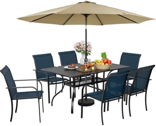 Incbruce 7 Pcs Patio Dining Set, Textilene Chairs and Rectangle Table with Brown Umbrella (Blue) by Incbruce