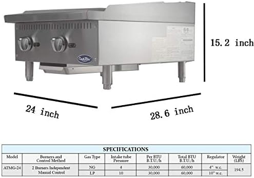 Atosa CookRite ATMG-24 24" Countertop Griddle | Flat Top Grill Hot Plate with Standby Pilots and Grease Drawer for Food Truck | Manual Controlled, Stainless Steel, 1 Burner 60,000 BTU, Liquid Propane - Image 3