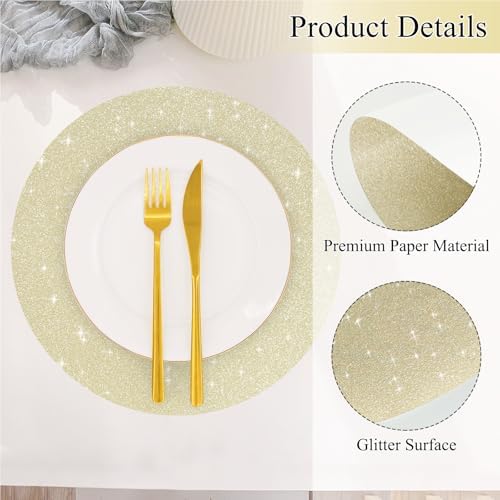 50 PCS Champagne Paper Placemats Round Place Mat Light Gold Glitter Disposable Paper Charger Doilies Tablemats for Birthday Banquet New Year Graduation Party Dinner Table Decor(13x13inch) - Image 3
