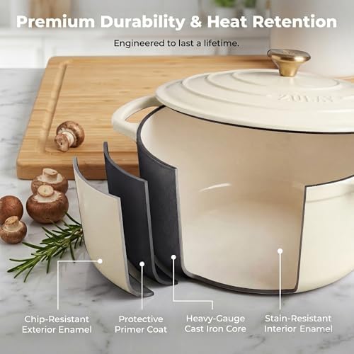 Zulay Kitchen 7.7 Quart Enameled Cast Iron Dutch Oven Pot with Lid – Premium Durability & Oven Safe up to 500°F – Heavy Duty Cookware Perfect for Bread Baking, Stews, Braising & Roasting – Ivory - Image 5