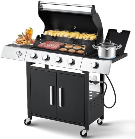 MELLCOM Upgraded 44,000 BTU Stainless Steel Burner Barbecue Grill, 4 Burner BBQ Propane Gas Grill with Side Stove & Cast Iron Grates for Patio, Camping, Outdoor Cooking by MELLCOM