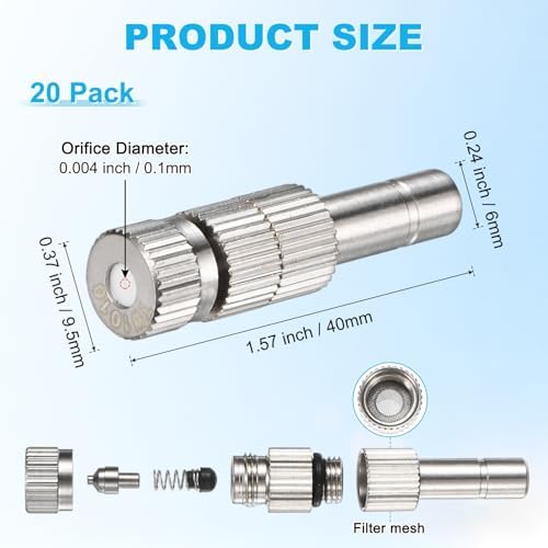 M METERXITY 20-Pack Brass Misting Nozzles, 0.004"/0.1mm Orifice Mister Replacement Heads with Filter Mesh for Cooling System/Landscaping/Humidification, 6mm Low-Pressure Fog Sprayer Nozzle - Image 3
