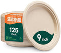 100% Compostable Paper Plates, Heavy Duty Disposable Plates [125-Pack] 9 Inch Plates - Eco-Friendly, Biodegradable Sugarcane Bagasse, Natural Unbleached Brown 9" Dinner Paper Plate Disposable by StackMan