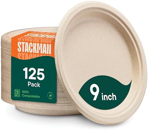 100% Compostable Paper Plates, Heavy Duty Disposable Plates [125-Pack] 9 Inch Plates - Eco-Friendly, Biodegradable Sugarcane Bagasse, Natural Unbleached Brown 9" Dinner Paper Plate Disposable by StackMan
