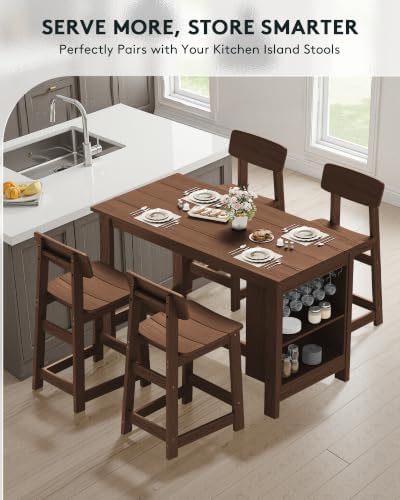 SERWALL 5-Piece Outdoor HDPE Counter-Height Bar Set with 4 Stools, Brown - Image 5