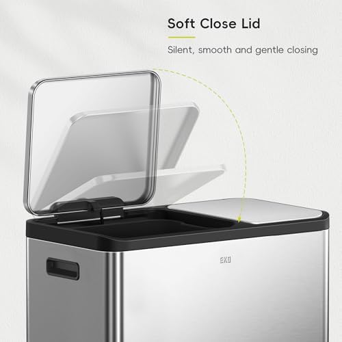 EKO EcoCasa Stainless Steel Dual Step Trash Can for Recycling, 30L+20L Rectangular Kitchen Trash Can, Independent Pedals and Lids, Soft Close and Fingerprint Resistant - Image 5