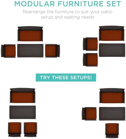 Best Choice Products 4-Piece Outdoor Wicker Patio Conversation Furniture Set for Backyard w/Coffee Table, Seat Cushions - Brown/Dark Rust - Image 2
