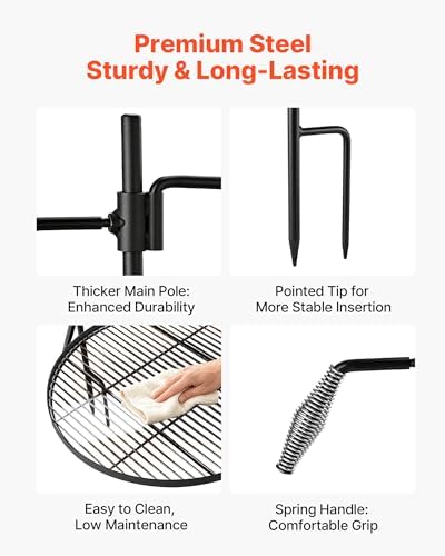 VEVOR Heavy Duty Swivel Campfire Grill, 24.4" Round Portable Camping Grill Grate, Sturdy Steel BBQ Mesh, 360° Height Adjustable Over Fire Pit with Support Rod, for Outdoor Open Flame Cooking, Black - Image 3
