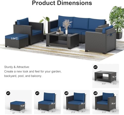 Patio Furniture Set, 7PCS Outdoor Sectional with Ottoman Wicker Rattan Patio Couch with Thickened Cushion Modular Wicker Patio Conversation Set with Glass Top Table for Balcony, Backyard (Dark Blue) - Image 4