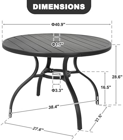 NUU GARDEN 41" Round Outdoor Patio Dining Table for 4, Slatted Metal Table with 1.57" Umbrella Hole and Adjustable Feet, All-Weather for Lawn, Garden and Backyard, Black - Image 2