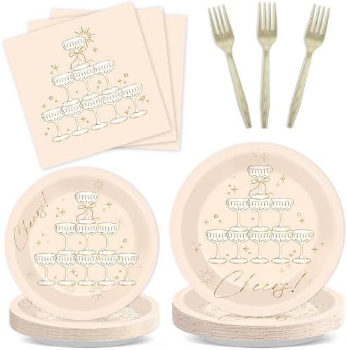 96PCS Champagne Tower Birthday Paper Plates Napkins Bachelorette Party Plates Cheers Champagne Gold Foil Disposable Dinnerware Tableware Sets for Wedding NYE Showers Supplies Decorations by Oitnlaughter