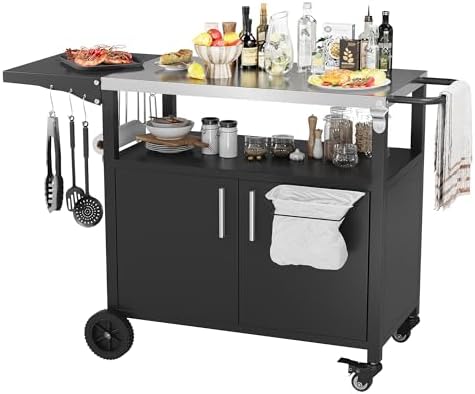 Vongrasig Outdoor Grill Cart, Patio Kitchen Island with Storage, Outdoor Bar Table BBQ Cart Pizza Oven Table with Foldable Stainless Steel Top & Wheels, Black by Vongrasig