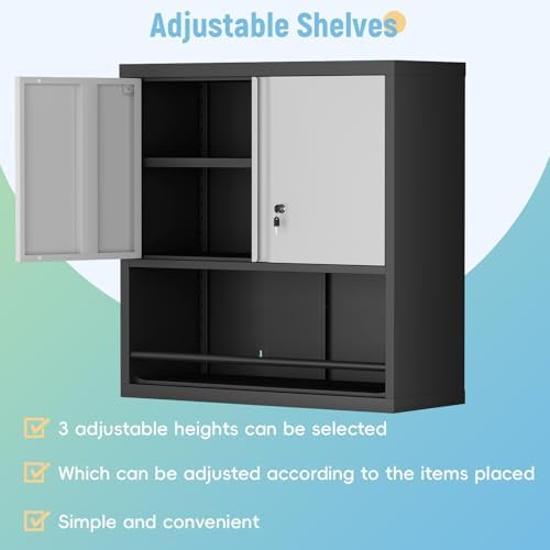 IRONFFICE Metal Garage Cabinet, Locking Cabinet with Adjustable Shelf, 2 Doors Cabinet for Tools, Hanging Cabinet for Basement, Black/Grey - Image 5
