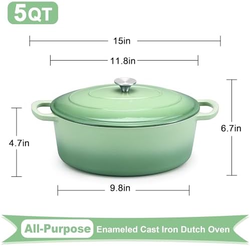 E-far 5QT Oval Dutch Oven Pot with Lid, Green Enameled Cast Iron Dutch Oven - Image 2