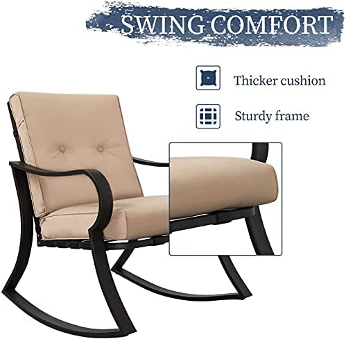 Oakcloud Oakmont Outdoor Furniture 3 Piece Conversation Bistro Set Rocking Chairs and Glass Top Table, Thick Cushions, Black Steel (Brown) - Image 4