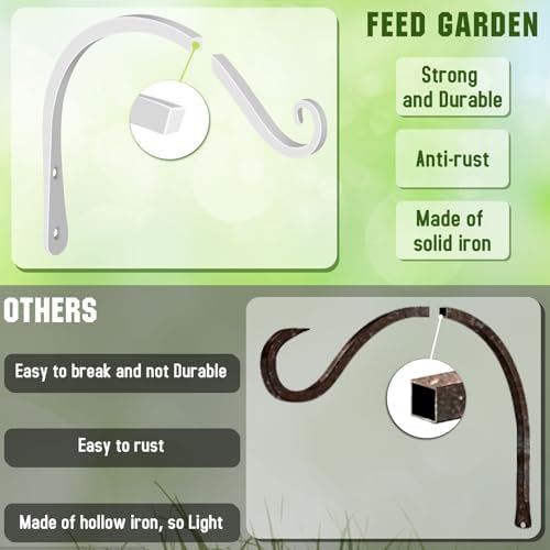 FEED GARDEN Heavy Duty Plant Hooks - 2 Pack 8 Inch Wall Mounted Hanging Brackets, 44lb Capacity Steel Plant Hangers for Bird Feeders, Baskets, Wind Chimes Outdoor Indoor- White - Image 4