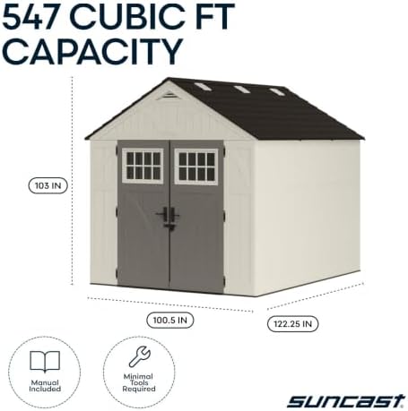 Suncast 8x10 Ft. Outdoor Storage Shed - Large Resin Outdoor Shed with Floor Included, Lockable Double Doors & Skylights. 547 Cu Ft Tremont Garden Resin Sheds for Lawn Tools, Riding Mowers, & Bikes - Image 4